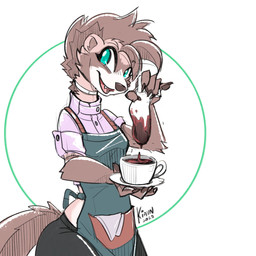 anthro apron beverage bottomwear breasts brown_body brown_fur brown_hair brown_nose clothed clothed_female clothing coffee female footwear fur green_eyes hair looking_at_viewer midriff open_mouth pants shirt socks solo topwear kiaun derideal mix_(derideal) domestic_ferret mammal mustelid musteline true_musteline weasel 1:1 2025 hi_res