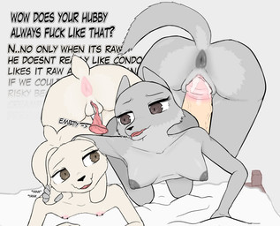 anthro anus bed big_breasts bodily_fluids breasts brown_eyes condom cuckquean cum cum_inside ear_pull female female/female furniture genital_fluids genitals grey_anus grey_body grey_nipples group group_sex humanoid_genitalia humanoid_penis looking_at_another male male/female multicolored_body nipple_piercing nipples penis piercing pink_anus pink_nipples presenting rear_view sex sexual_barrier_device simple_background small_breasts tan_body text trio pippus canid canine canis lagomorph leporid mammal rabbit wolf english_text hi_res