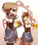 alcohol anthro barmaid beer beverage blue_eyes breasts brown_hair cleavage clothed clothing duo female hair holding_object keg long_hair looking_at_viewer open_mouth purple_eyes white_hair mykegreywolf harper_(fairdahlia) liz_(mykegreywolf) badger canid canine canis coyote mammal mustelid musteline 2018 digital_media_(artwork) hi_res