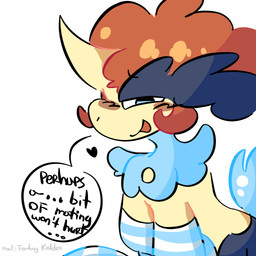 ambiguous_gender blue_body blue_fur femboy feral fur hair long_socks red_hair simple_background solo white_background yellow_body yellow_skin nm nintendo pokemon fan_character equid equine generation_5_pokemon horse keldeo keldeo_(ordinary_form) legendary_pokemon mammal pokemon_(species) 1:1 absurd_res hi_res young_(lore)