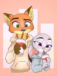 anthro beverage brown_ear_tips clothed clothing container cup dipstick_ears drinking_straw duo ear_markings ears_down female fur green_eyes holding_container holding_cup holding_object hoodie inner_ear_fluff male multicolored_ears orange_body orange_fur pivoted_ears purple_eyes simple_background topwear tuft bubblecop disney zootopia judy_hopps nick_wilde canid canine fox lagomorph leporid mammal rabbit red_fox true_fox digital_media_(artwork) hi_res shaded signature