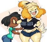 2021 animal_crossing anthro band-aid bandage belly big_breasts blonde_hair bottomwear breasts bully bullying canid canine canis cleavage clothed clothing collar cushion_(purpsyoshi) domestic_dog dominant dominant_female duo english_text female fur hair hand_on_hip heart_symbol hi_res human isabelle_(animal_crossing) larger_anthro larger_female male mammal midriff navel nintendo open_mouth potbelly purple_yoshi_draws sharp_teeth shih_tzu shirt short_stack short_tail shorts size_difference smaller_human smaller_male tail tail_motion tailwag teeth text text_on_clothing text_on_shirt text_on_topwear thick_thighs topwear toy_dog villager_(animal_crossing) wide_hips yellow_body yellow_fur
