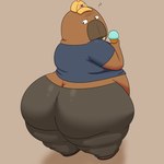 anthro big_butt black_bottomwear black_clothing black_eyes black_footwear black_pants black_shoes blue_clothing blue_shirt blue_t-shirt blue_topwear bottomwear brown_body butt clothed clothing dessert food footwear hat headgear headwear holding_food holding_object huge_butt ice_cream looking_back male obese obese_anthro obese_male orange_background overweight overweight_anthro overweight_male pants question_mark rear_view shirt shoes simple_background solo standing t-shirt teeth thick_thighs topwear tusks yellow_clothing yellow_hat yellow_headwear colossalstars odd_taxi hiroshi_odokawa_(odd_taxi) mammal marine pinniped walrus 1:1 2023 absurd_res digital_media_(artwork) hi_res