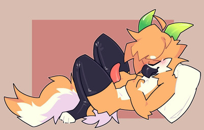 anthro arm_tuft beak cheek_tuft clothing elbow_tuft eyes_closed facial_tuft fluffy fluffy_chest fur genitals green_horn grey_beak happy horn latex latex_clothing latex_legwear legwear male masturbation orange_body orange_fur orange_tail penis pillow pink_background pink_penis side_view simple_background solo tail tail_tuft tapering_penis toony tuft white_body white_fur white_tail fvckporo toridachi_(character) avian bird hybrid