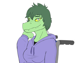 anthro breasts clothing disability female freckles green_body green_hair green_scales grey_eyes hair hoodie looking_at_viewer paraplegic scales short_hair simple_background smile snout solo text topwear vehicle wheelchair white_background yellow_sclera alsius_arcticus cavemanon_studios i_wani_hug_that_gator olivia_halford baryonyx dinosaur prehistoric_species reptile scalie spinosaurid theropod 2024 artist_name digital_drawing_(artwork) digital_media_(artwork) hi_res signature
