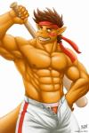 abs anthro athletic baseball_bat bat_(object) biceps big_muscles biped bottomwear boxers_(clothing) brown_hair clothed clothing fangs grin hair kerchief male muscular muscular_anthro muscular_male nipples orange_body orange_skin pants pecs pose scales simple_background smile solo standing teeth topless underwear vein white_background yellow_eyes kazat digiknight jam_(kokurou) reptile scalie 2013 2:3