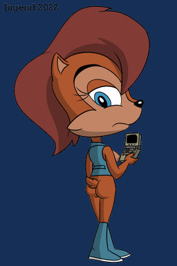 adolescent anthro areola biped black_nose blue_boots blue_clothing blue_eyes blue_footwear blue_topwear blue_vest boots breasts brown_body brown_fur brown_hair butt cheek_tuft clothing computer electronics eyebrows facial_tuft female footwear fur hair holding_object looking_at_viewer looking_back looking_back_at_viewer medium_breasts nipples scut_tail shoes short_hair short_tail solo tail topwear tuft vest young young_anthro young_female jugend sega sonic_the_hedgehog_(satam) sonic_the_hedgehog_(series) sally_acorn sally_acorn_(satam) chipmunk ground_squirrel hybrid mammal rodent sciurid tree_squirrel 2022 alpha_channel
