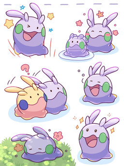 ambiguous_gender blush blush_lines duo eyes_closed feral flower_symbol food grass jelly_(food) looking_at_viewer motion_lines multicolored_body one_eye_closed open_mouth plant plate purple_body question_mark simple_background solo sparkles star_symbol tongue two_tone_body wink winking_at_viewer nekogyo122 nintendo pokemon generation_6_pokemon goomy pokemon_(species) shiny_pokemon 2024 3:4 absurd_res hi_res