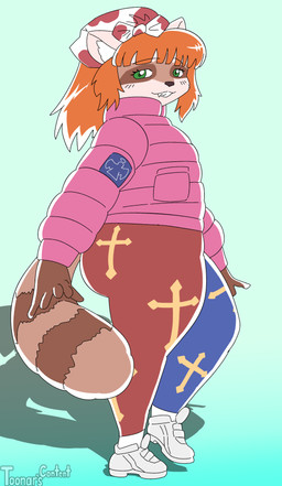 anthro butt clothed clothing cross footwear green_eyes hair jacket jacket_vest leggings legwear orange_hair shoes sneakers thick_thighs topwear vest toonarscontent elina_(toonarscontent) absurd_res hi_res