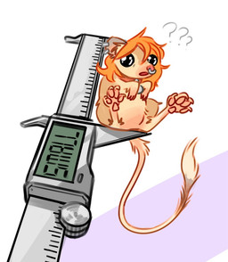 ambiguous_gender big_eyes calipers collar collar_tag ear_piercing ear_ring facial_piercing feral fur hair long_hair looking_at_viewer micro nose_piercing nose_ring open_mouth orange_body orange_fur orange_hair pawpads piercing pink_pawpads question_mark red_collar ring_piercing simple_background solo tail text thin_tail wearing_collar white_background coraldog digital_drawing_(artwork) digital_media_(artwork) english_description english_text