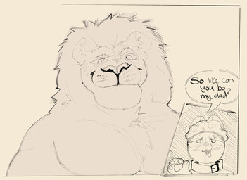 anthro blush blush_lines close-up clothed clothing collar daddy_kink duo eyebrows front_view fur hair half-closed_eyes male male/male mane muscular muscular_anthro muscular_male narrowed_eyes pawpads pecs question question_mark raised_eyebrow smile speech_bubble standing text topless sushiamazing sushi_(sushiamazing) domestic_cat felid feline felis lion mammal pantherine 2025 digital_media_(artwork) english_text hi_res monochrome sketch