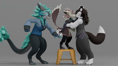 4_ears anklet anthro biped bottomwear breasts claws clothed clothing digitigrade eyes_closed eyewear feathered_wings feathers featureless_crotch french_kissing furniture gesture glasses group hair high_five holding_another horn horn_jewelry horn_ring jewelry kiss_on_lips kissing legwear multi_ear multitasking open_mouth pants paws raised_tail ring_(jewelry) shirt simple_background smile standing standing_on_stool stool tail tongue tongue_out topwear trio vest winged_arms wings beanthusiast hiyu_(modeler) asher_sterling eryn_(coffii) milo_(slimyjaws) avali domestic_cat felid feline felis mammal mayu_(azuki) wickerbeast 3d_(artwork) blender_(artwork) digital_media_(artwork) hi_res
