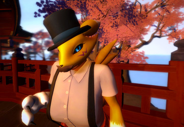 anthro blurred_background breasts bridge cherry_blossom clothing facial_hair female flower hat headgear headwear humor mustache plant prunus_(flower) scenery school_uniform solo top_hat uniform generalbrainconsuminlet bandai_namco digimon garry's_mod digimon_(species) renamon 3d_(artwork) digital_media_(artwork)