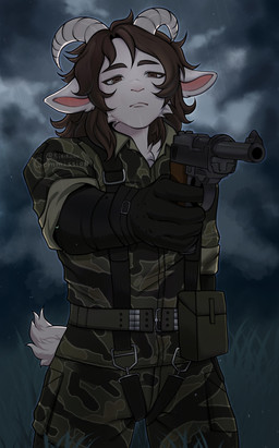 anthro clothing gloves grass gun hair handgun handwear horn long_hair male military_uniform pistol plant ranged_weapon solo standing uniform weapon kirikono walther_p-38 bovid caprine mammal absurd_res hi_res