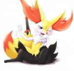 anthro blue_eyes blush fangs female folding_fan fur genitals hand_fan keychain pussy sitting smile solo stick teeth vaginal eryz nintendo pokemon braixen generation_6_pokemon mammal pokemon_(species) hi_res