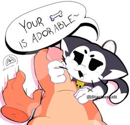 anthro blush blush_lines bodily_fluids duo first_person_view genital_fluids genitals kneeling male male/male masturbation penis penis_grab precum speech_bubble startwo brawl_stars supercell_(company) colonel_ruffs_(brawl_stars) kit_(brawl_stars) canid canine canis domestic_cat domestic_dog felid feline felis mammal tuxedo_cat hi_res