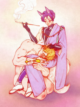 armwear asian_clothing blonde_hair blush bodily_fluids clothed clothing crying duo east_asian_clothing elbow_gloves footwear gem gloves hair handwear inner_ear_fluff japanese_clothing kimono kneeling male nude pointy_ears prick_ears purple_hair sad sandals shirt shoes sitting smoke smoking_pipe tail tears topwear tuft soysoakedjelly nu:_carnival kuya_(nu:_carnival) quincy_(nu:_carnival) animal_humanoid canid canid_humanoid canine canine_humanoid fox_humanoid human humanoid mammal mammal_humanoid hi_res
