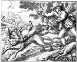 17th_century aesop's_fables ancient_art big_bad_wolf boots bovid canid canine canis caprine clothing crook domestic_dog equid equine fairy_tales feral footwear francis_barlow gloves greyscale group handwear hat headgear headwear horse human male mammal meadow monochrome plant public_domain sheep shepherd staff the_boy_who_cried_wolf tree wolf woodcut