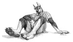 4_toes anthro arm_on_leg arm_on_thigh athletic athletic_anthro athletic_male barefoot bottomwear claws clothing collared_shirt facial_hair feet finger_claws fingers full_foot_pawpads gloves_(marking) goatee hand_on_ground happy knees_up leg_markings looking_at_viewer male markings pattern_clothing pattern_shirt pattern_topwear pawpads paws plaid plaid_clothing plaid_shirt plaid_topwear plantigrade shirt shorts simple_background sitting smile socks_(marking) solo toe_claws toes tongue tongue_out topwear white_background out-of-the-boks canid canine canis dobermann domestic_dog mammal pinscher 2024 monochrome signature traditional_media_(artwork)