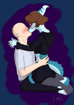 anthro bald biped black_bottomwear black_clothing black_legwear black_skirt black_thigh_highs blue_body blue_scales blush bone_frill bottomwear brown_hair claws clothed clothed_anthro clothed_human clothed_male clothing crossdressing duo eyes_closed eyeshadow femboy finger_claws fingers frill_(anatomy) grey_clothing grey_shirt grey_topwear hair hand_on_hip hug human_on_anthro humanoid_hands interspecies kissing legwear long_tail makeup male male/male markings on_lap pants romantic romantic_couple scales shirt short_hair side_view simple_background sitting_on_lap skirt spiked_tail spikes spikes_(anatomy) striped_markings stripes tail thigh_highs topwear transparent_background tahilix cavemanon_studios i_wani_hug_that_gator benjamin_mcknight inco_(iwhtg) dinosaur hadrosaurid human mammal ornithischian ornithopod parasaurolophus prehistoric_species reptile scalie absurd_res alpha_channel colored hi_res shaded signature