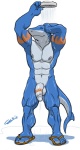 abs anthro balls biceps big_muscles clothing footwear genitals half-erect humanoid_genitalia humanoid_penis male muscular muscular_anthro muscular_male nude pecs penis pose sandals shoes shower simple_background smile solo tail white_background chestnuts_(artist) rex_(bgn) fish marine shark 2010