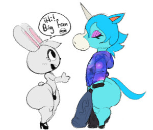 animal_genitalia animal_penis anthro balls becoming_erect big_butt black_nose blue_body blue_hair blue_tail bottom_heavy bottomless buckteeth bulge butt clothed clothing curvy_figure duo equine_genitalia equine_penis eyelashes eyes_closed femboy footwear fur genitals greeting hair head_tuft high_heels hoodie hooves horn huge_butt ineffective_clothing male male/male penis pivoted_ears rabbit_ears saggy_balls scut_tail shoes short_tail size_difference skimpy snout speech_bubble tail teeth thick_thighs thong topless topwear tuft underwear unicorn_horn vein veiny_penis voluptuous voluptuous_male white_body white_fur ciavs animal_crossing mythology nintendo ciavs_(chracter) julian_(animal_crossing) equid equine lagomorph leporid mammal mythological_creature mythological_equine rabbit unicorn