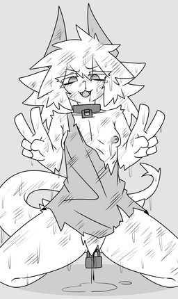 anthro blood bodily_fluids breasts clothing collar crotch_tuft crying dirty double_v_sign emaciated female fur genital_fluids gesture grey_eyes hand_gesture horn lock nipples nude open_mouth orgasm_denial padlock scar simple_background sitting slave solo spread_legs spreading tears torn_clothing torture tuft v_sign vaginal_fluids white_body white_fur kiukiu horned_humanoid humanoid unknown_species hi_res monochrome