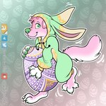 anthro claws closed_smile clothed clothing egg fur glistening glistening_eyes green_eyes green_nose green_pawpads head_tuft holding_egg holding_object looking_at_viewer male mouth_closed onesie pattern_background pawpads pink_body pink_fur simple_background smile solo standing text tuft white_body white_claws white_fur thecluelessfox emmett_green_(verne_nicolaio) canid canine canis domestic_dog mammal 1:1 artist_name