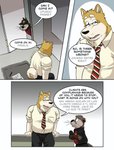 anthro belly black_nose boss canid canine canis clothing comic curled_tail dialogue domestic_dog duo english_text gabshiba hat headgear headwear hi_res inverted_question_mark male mammal mustelid necktie otter question_mark shiba_inu spanish_text spitz tail text translated worker