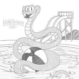 ambiguous_gender amusement_park apode ball beach_ball feral inflatable legless open_mouth partially_submerged pupils slit_pupils solo toony water water_park hatakeclarissarts disney inktober zootopia gary_de'snake pit_viper reptile scalie snake viper 1:1 greyscale monochrome