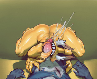 animal_ears anthro big_mouth_(anatomy) big_penis black_ears blue_clothing blue_shirt blue_topwear bodily_fluids butt cheek_tuft claws clothed clothing crouching cum cum_on_butt cum_on_ground cumshot dripping duo ejaculation erection eyeless facial_tuft female first_person_view fur genital_fluids genitals glistening glistening_butt green_background grey_body grey_fur head_tuft high-angle_view inner_ear_fluff long_tongue looking_at_viewer male male/female nude open_mouth oral orange_body orange_claws orange_fur partially_clothed penis pink_inner_ear saliva saliva_drip saliva_on_penis saliva_on_tongue scratch sex sharp_teeth shirt simple_background teeth tongue tongue_around_penis tongue_out tonguejob topwear torn_clothing torn_shirt torn_topwear tuft vein veiny_penis white_inner_ear_fluff lc79510455 ben_10 cartoon_network alien canid canine canis mammal vulpimancer wolf 2026 hi_res