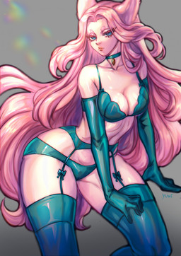 bedroom_eyes clothed clothing female hair lingerie narrowed_eyes pink_hair seductive skimpy solo yuwi-cyu fan_character animal_humanoid canid canid_humanoid canine canine_humanoid fox_humanoid humanoid mammal mammal_humanoid hi_res