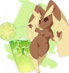 beverage black_sclera breasts female food fruit glass ice lime lime_slice looking_at_viewer navel nude plant red_eyes small_breasts smile solo standing text imppix nintendo pokemon generation_4_pokemon lagomorph lopunny mammal pokemon_(species)