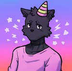 ambiguous_gender anthro black_body black_fur choker clothing dark_body dark_fur fur gradient_background hat headgear headwear jewelry mouthless_kiss neck_accessory necklace party_hat pink_clothing simple_background solo dynogreeno ni_draw nil_(ni_draw) domestic_cat felid feline felis mammal hi_res