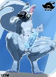 anthro balls big_penis blue_body blue_eyes blue_penis bodily_fluids cum cumshot ejaculation furry_balls genital_fluids genitals gesture hand_gesture knot machine male middle_finger muscular penis solo tail oilmarut protogen absurd_res hi_res