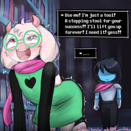 ahegao all_fours ambiguous_gender anthro bent_over blush bodily_fluids bookshelf dirty_talk duo eyewear femboy fur furniture glasses horn looking_pleasured male pink_eyes self_deprecation submissive submissive_anthro submissive_male sweat text tremble_lines white_body white_fur young young_ambiguous young_anthro young_human lumineko deltarune undertale_(series) kris_dreemurr ralsei boss_monster_(undertale) darkner human mammal 1:1 2025 english_text url