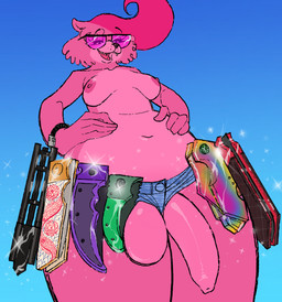 anthro areola balls blue_background bottomwear breasts clothing denim denim_bottomwear denim_clothing denim_shorts eyelashes eyewear flaccid foreskin fur genitals glasses gynomorph hair hand_on_belly happy intersex knife looking_down low-angle_view mostly_nude navel nipples open_mouth open_smile penis pink_body pink_eyewear pink_fur pink_glasses pink_hair shorts simple_background smile solo sparkles kaboozey miccy_(kaboozey) canid canine mammal raccoon_dog tanuki 2021 hi_res trans_(lore) trans_woman_(lore)