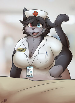 anthro belly big_breasts breasts clothing doctor female heterochromia mature_anthro mature_female nurse nurse_clothing nurse_uniform overweight overweight_anthro overweight_female slightly_chubby slightly_chubby_female solo uniform wide_hips fuzzikia domestic_cat felid feline felis mammal absurd_res hi_res