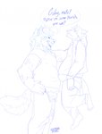 anthro carrying_another clothing dialogue duo hand_on_hip jacket male male/male shirt size_difference text topwear wildside wild_(wildside) canid canine canis mammal wolf 2020 english_text hi_res monochrome sketch