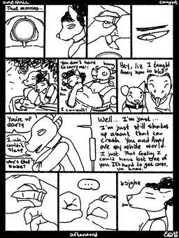 carrying_another carrying_partner clothing collar cuddling dialogue feral group male smile text tongue tongue_out trio qwaxi~lixard canid canine canis domestic_dog lizard mammal reptile scalie 3:4 black_and_white comic english_text hi_res monochrome