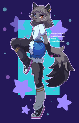 anthro blush bottomwear clothing collar denim denim_bottomwear denim_clothing denim_shorts ear_piercing ear_ring female fluffy fluffy_legs footwear from_front_position fur grey_body grey_fur heterochromia leg_warmers legwear looking_at_viewer piercing ring_piercing shirt shoes shorts sneakers solo standing t-shirt topwear victory_pose victory_position white_clothing white_shirt white_topwear musaatomica epic_games fortnite wolfie_(fortnite) canid canine canis mammal wolf absurd_res hi_res