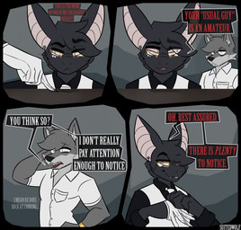 4_panel_comic 5_fingers :< accessory anthro big_ears biped black_body black_clothing black_eyebrows black_fur black_hair black_nose black_shirt black_topwear claws clock clothing collared_shirt confusion dialogue dress_shirt duo eye_bags eye_through_hair eyebrow_through_hair eyebrows eyewear fangs finger_claws fingers five_o'clock_shadow fur furniture glasses gloves gold_glasses gold_watch grey_body grey_fur grey_hair grey_inner_ear_fluff hair hand_on_head hand_on_hip handwear humanoid_hands humor inner_ear_fluff looking_at_another looking_at_viewer male multicolored_body multicolored_fur necktie open_mouth piercing pink_eyes pink_inner_ear pink_sclera pointing_at_object pupils question question_mark quotation_marks raised_eyebrow red_text removing_gloves scratching_head shirt simple_background slit_pupils smug snaggle_tooth snout speech_bubble stain suit table talking_to_another teeth text topwear translucent translucent_hair tuft two_tone_body two_tone_fur wall_(structure) watch white_clothing white_eyes white_gloves white_handwear white_necktie white_sclera white_shirt white_suit white_text white_topwear wristwatch suitedwolfie cain_(suitedwolfie) k_(suitedwolfie) bat canid canine canis mammal northwestern_wolf wingless_bat wolf artist_name comic english_text hi_res watermark
