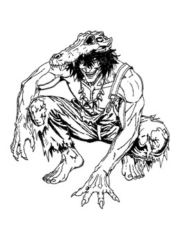 bone claws clothing crouching feet hair male overalls shirtless skull solo teeth tooth_necklace postto deadlock_(game) valve drifter_(deadlock) alligator alligatorid crocodilian humanoid reptile scalie vampire black_and_white hi_res monochrome traditional_media_(artwork)