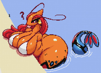 anthro armless big_breasts big_butt black_body black_tail blue_body blue_tail bra breasts butt clothing female food glistening glistening_body grid_layout hair huge_breasts huge_butt huge_thighs looking_at_viewer pink_eyes popsicle popsicle_in_mouth question_mark red_body red_hair red_tail rumpy_apode solo split_form tail thick_thighs underwear water white_bra white_clothing white_underwear presialexander nintendo pokemon mila_(president_alexander) aquatic fish generation_3_pokemon merfolk milotic pokemon_(species) 2025 digital_media_(artwork) pixel_(artwork) wplace_(artwork)