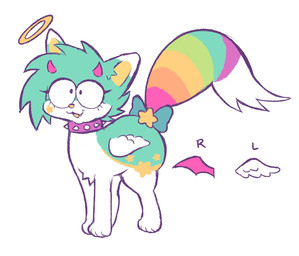 2_horns accessory ambiguous_gender bow_ribbon chibi collar fangs feral fur furgonomics green_body green_fur halo horn open_mouth open_smile ribbons smile solo sparklefur spiked_collar spikes tail tail_accessory tail_bow tail_ribbon teeth white_body white_fur wings clockstops3am conditional_dnp canid mammal colorful_theme