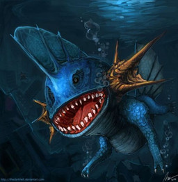 ambiguous_gender blue_body blue_scales bubble claws detailed_background fin head_fin nightmare_fuel nude open_mouth realistic scales scary solo swimming teeth text tongue underwater water thedarkhell nintendo pokemon amphibian generation_3_pokemon mudkip pokemon_(species) detailed source_request unavailable_at_source url
