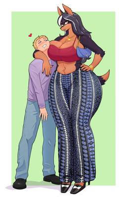 5_fingers anthro big_breasts black_body black_clothing black_footwear black_fur black_hair black_high_heels black_lipstick black_nails black_nose blonde_hair blush bodily_fluids border bottomwear bracelet breasts cleavage clothed clothing colored_nails drooling duo ear_piercing ear_ring eyebrows eyelashes eyewear female fingers flare_pants footwear fully_clothed fur glasses hair hand_on_hip handbag heart_symbol high_heels highlights_(coloring) hug huge_breasts jewelry legs_together lipstick looking_at_viewer makeup male midriff multicolored_body multicolored_fur nails navel necklace pants piercing ring_piercing saliva shirt shoes short_hair smile standing tan_body tan_fur tank_top thick_thighs topwear two_tone_body two_tone_fur wearing_glasses white_border white_highlights wide_hips kinhey forbidden_pants canid canine canis dobermann domestic_dog human mammal pinscher 2026 absurd_res hi_res