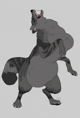 ambiguous_feral ambiguous_gender belly big_belly bodily_fluids fangs feral neck_bulge open_mouth quadruped saliva saliva_string side_view simple_background solo teeth text vore roobin canid canine mammal artist_name hi_res partially_colored