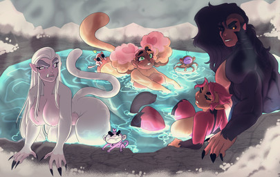 anthro big_breasts big_butt black_body black_fur black_sclera breasts brown_body brown_skin butt curly_hair dark_body dark_skin eyebrows eyelashes female freckled_face freckles fur group hair hot_spring looking_at_viewer looking_back looking_back_at_viewer male muscular muscular_anthro muscular_male nude_anthro onsen partially_submerged pink_hair snaggle_tooth snow tail thick_eyebrows thick_thighs water white_body white_fur white_hair fuppfuc69 haplorhine mammal monkey primate hi_res