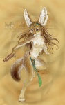 anthro barefoot big_ears biped bottomwear breasts clothed clothing dancing ear_piercing feet female hair loincloth long_hair musical_instrument nipples partially_clothed pawpads paws percussion_instrument piercing solo tail tambourine toes topless nekoart canid canine fennec_fox fox mammal true_fox 2010 detailed traditional_media_(artwork)